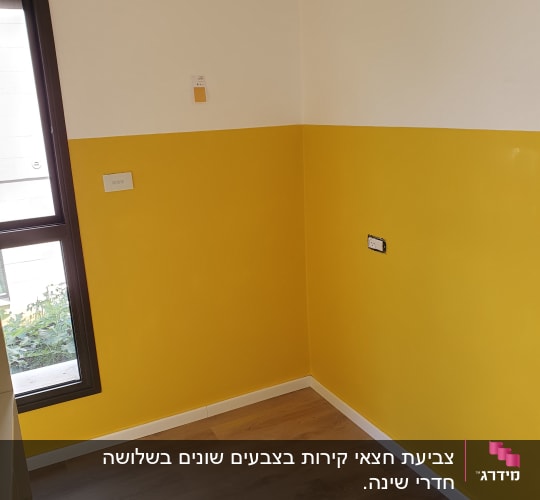 קיר צבוע בצהוב ולבן עם דוגמית צבע